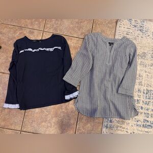 Talbots Bundle Top with Blue Striped Ruffle Detail and Black and white Tunic